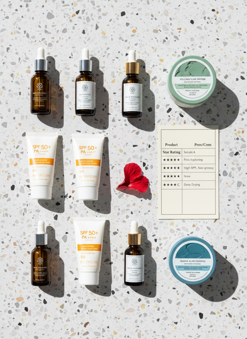An organized flat lay of beauty and skincare products tailored to the Malaysian market arranged on a cool, pale terrazzo surface: elegant serums in amber glass pipette bottles, sunscreen tubes labeled with high SPF, clay mask jars with textured matte lids, and a single hibiscus flower petal scattered for a subtle local touch. Beside them lies a neat comparison checklist with star ratings and concise pros and cons. Overhead diffused daylight creates soft, even illumination with almost no harsh shadows, highlighting labels and packaging details. The composition follows a precise grid, captured from a true bird’s-eye view in photographic realism, exuding a calm, professional, clinical-but-approachable mood perfect for expert product reviews.