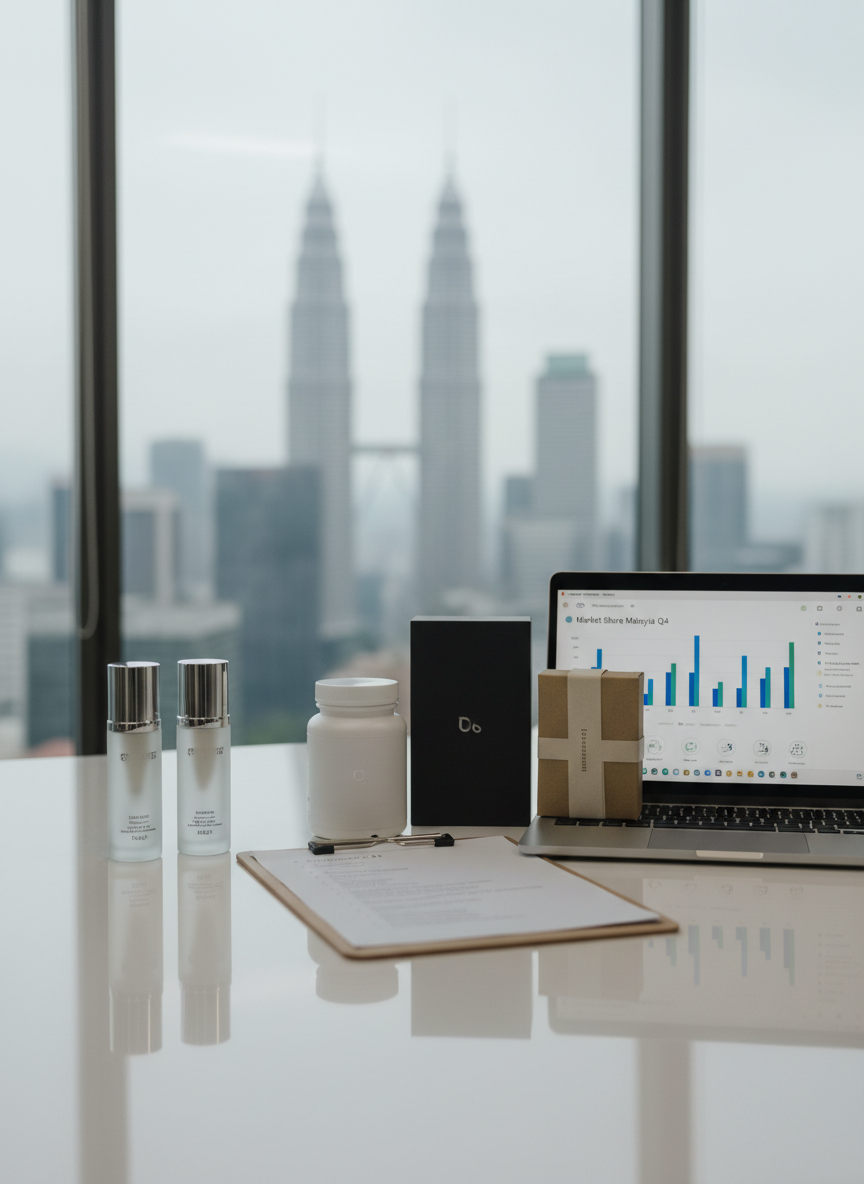 A sleek arrangement of Malaysian consumer products displayed on a glossy white review desk: premium skincare bottles with frosted glass and silver caps, a minimalist supplement jar, a matte-finish smartphone box, and a neatly stacked lifestyle gadget package. Subtle product comparison notes are visible on a crisp clipboard and an open laptop showing a clean bar chart interface. The scene is set in a bright, modern office with a neutral backdrop and a faint outline of Kuala Lumpur’s skyline through a large window. Soft daylight from the side creates gentle reflections and clear, professional shadows. Photographic realism, shot at eye level with a shallow depth of field, keeps the front row of products in sharp focus while the background dissolves into a smooth, corporate bokeh, conveying trust, clarity, and analytical rigor.
