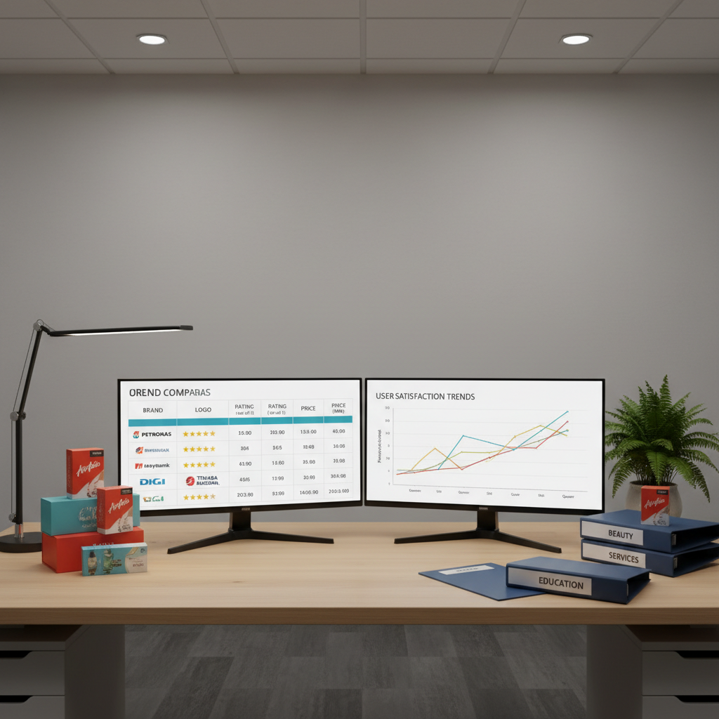 A dual-monitor workstation dedicated to Malaysian brand comparison, with two ultra-wide screens on a clean, oak desk. One screen shows a colorful, well-structured comparison table with brand logos, ratings, and price columns; the other displays a clear line graph of user satisfaction scores. Around the monitors are neatly stacked product boxes, labeled folders by category (beauty, wellness, education, services), and a small potted tropical plant adding a touch of green. Cool, balanced artificial lighting from a modern desk lamp and ceiling panels ensures even, shadow-free illumination. Photographic realism, captured from a slightly elevated angle, frames the entire desk in a rule-of-thirds composition, creating an analytical yet inviting atmosphere that emphasizes data-driven reviews and buying guidance.