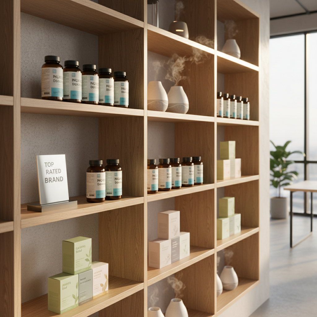 A contemporary wooden shelf system featuring curated Malaysian lifestyle and wellness brands: neatly aligned supplement bottles with clean typography, essential oil diffusers emitting a faint visible mist, minimalist packaging for herbal teas, and a small award-style plaque engraved with “Top Rated Brand.” The shelving stands against a light warm-gray wall with subtle texture, in a bright, airy office space. Natural afternoon light streams from the right, creating long, soft shadows and glowing edges on transparent bottles. Photographic realism with a slightly elevated three-quarter angle emphasizes depth along the shelves, while the foreground products remain tack sharp. The mood is trustworthy and aspirational, highlighting carefully vetted brands and visually communicating ranking and recognition without any clutter.